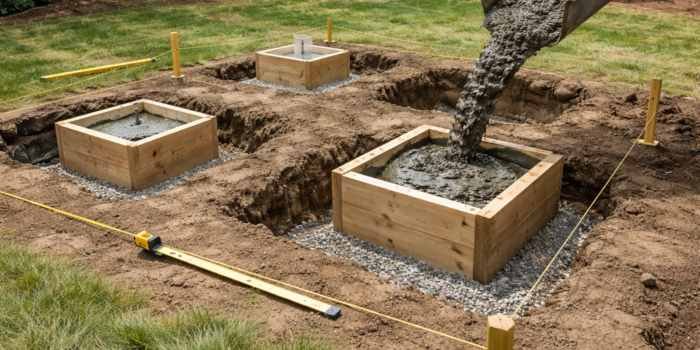Concrete footing calculator for cubic yards, cubic feet, and bags