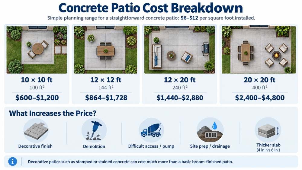 Concrete patio cost breakdown by size with 2026 price ranges and factors that increase cost
