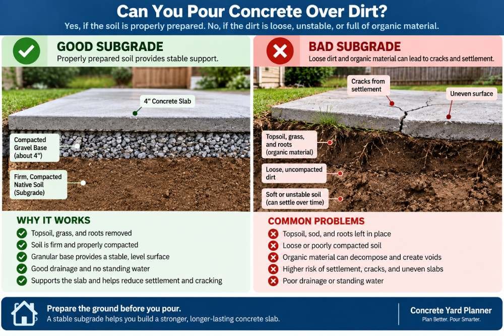 Good vs bad subgrade for concrete showing compacted gravel and firm soil compared with loose dirt and organic material