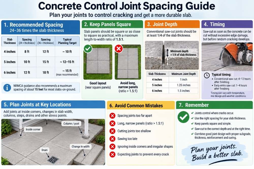 Concrete control joint spacing guide showing slab thickness, joint spacing, depth, timing and panel layout
