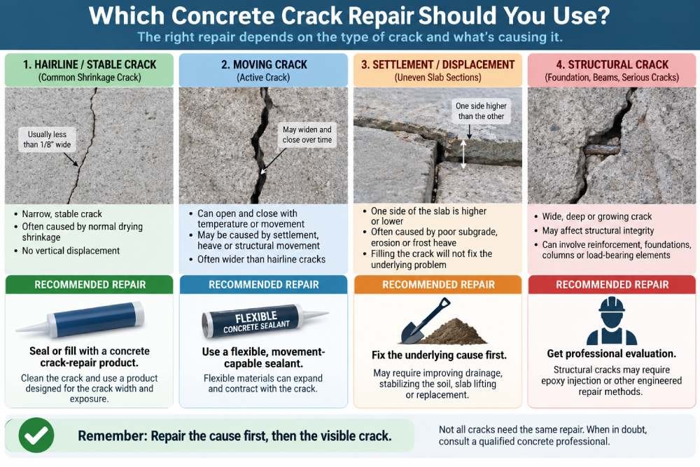 Concrete crack repair guide showing stable, moving, settlement and structural cracks with recommended repairs