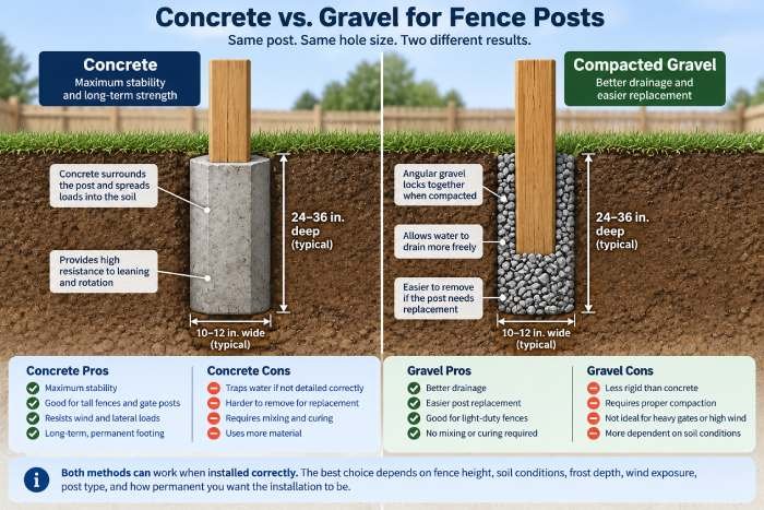 Concrete vs gravel for fence posts showing stability, drainage, footing depth and installation differences