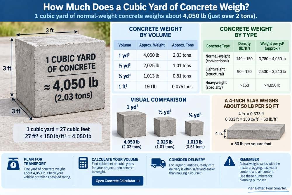 Concrete weight per cubic yard showing 4,050 lb per yard, tons, cubic foot weight and slab weight