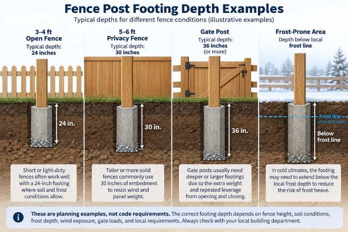 Fence post footing depth examples for open fence, privacy fence, gate post and frost-prone area