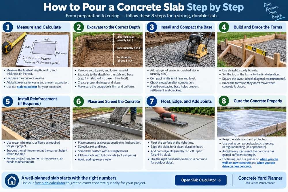 How to pour a concrete slab step by step from measuring and excavation to finishing and curing