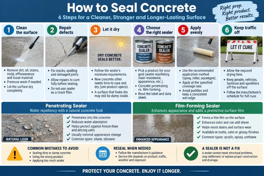 How to seal concrete step by step showing cleaning, crack repair, drying, sealer selection and application