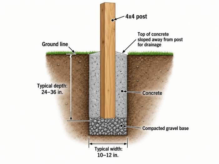 Fence post set in concrete showing hole depth, width and gravel base