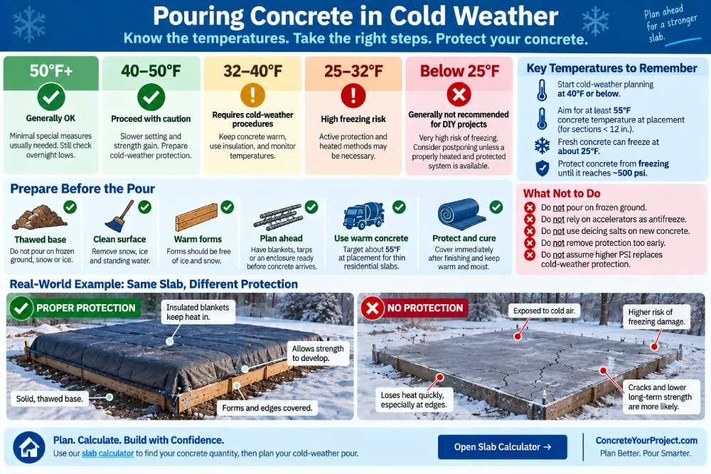 Cold weather concrete temperature guide showing safe ranges, freezing risk, insulated blankets and proper slab protection