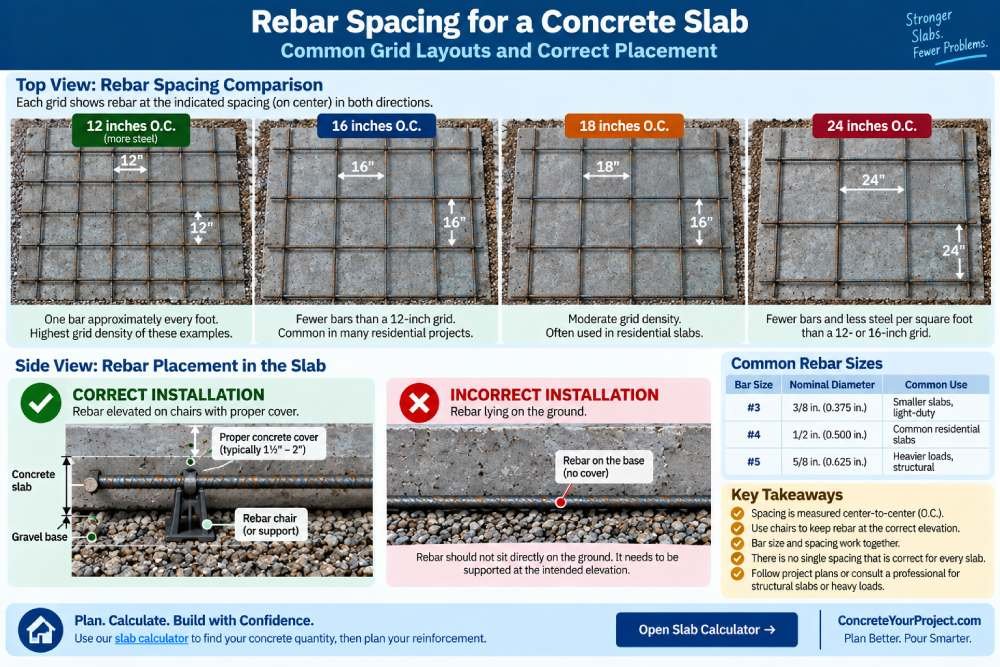Rebar spacing comparison for concrete slabs showing 12, 16, 18 and 24 inch grids and correct placement on chairs