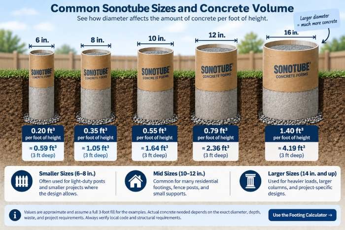 Common Sonotube sizes showing concrete volume per foot for 6, 8, 10, 12 and 16 inch forms