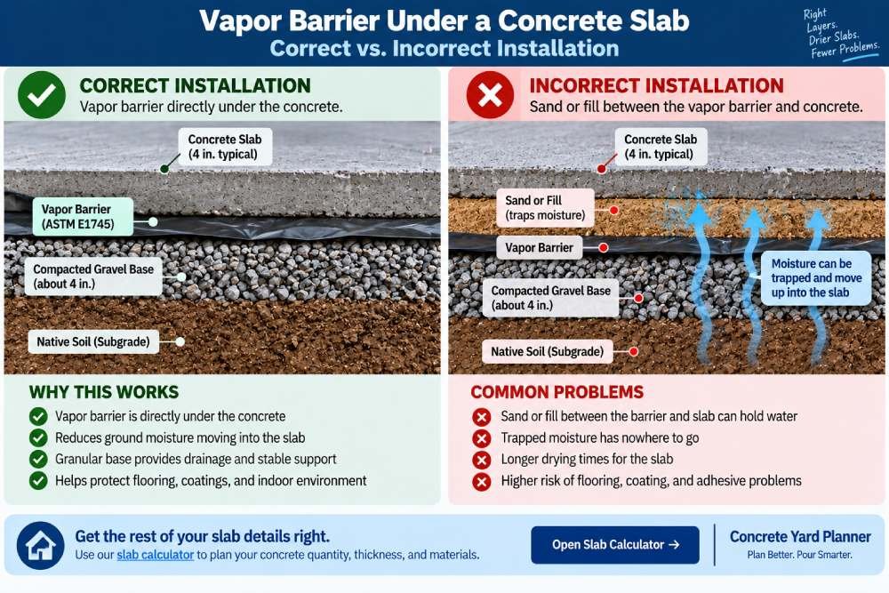 Correct vapor barrier placement under a concrete slab compared with an incorrect sand layer above the barrier