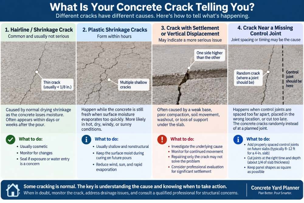 Concrete crack types showing hairline shrinkage, plastic shrinkage, settlement and missing control joint cracks